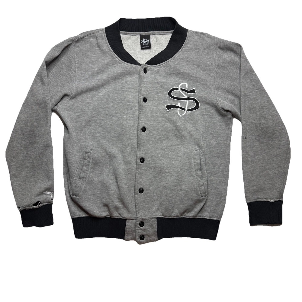 Y2K Stussy USA Varsity Jacket Snap Front S Logo Gray Black Distressed Medium VTG